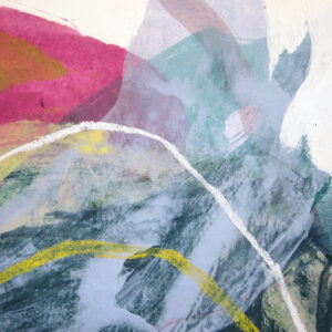 Detail of an abstract mixed media artwork, showing soft pastel lines and colorful paint washes