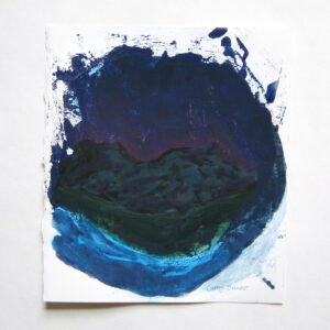 Abstracted landscape mixed media painting of a twilight sky over mountains, with a body of water in the foreground
