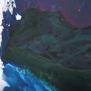 Detail of an abstracted landscape mixed media painting of a twilight sky over mountains, with a body of water in the foreground