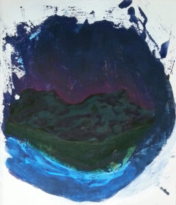 Abstracted landscape mixed media painting of a twilight sky over mountains, with a body of water in the foreground