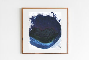 Abstracted landscape mixed media painting of a twilight sky over mountains, with a body of water in the foreground. In a thin wood frame.