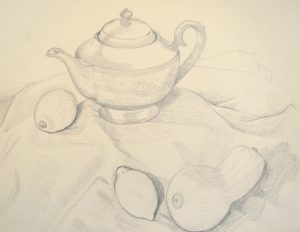 Still Life with Teapot, Lemons, and Squash drawing by Cathy Durso