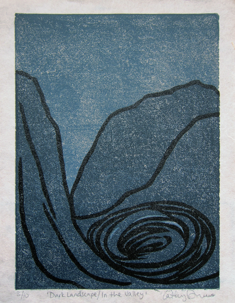 Dark Landscape/In the Valley - linocut by Cathy Durso