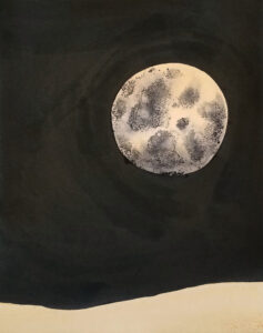 ink drawing of a moon over a barren landscape on a black background