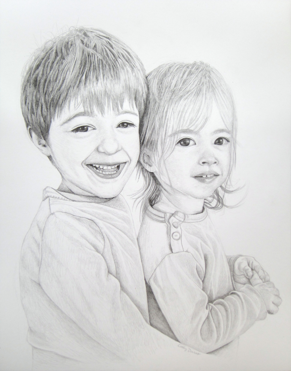 Black and white graphite portrait drawing of two children