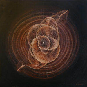 Oil painting of the Cat's Eye nebula painted in a red ochre. Swirling, circular clouds of gas and dust around a center point of light.