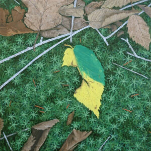 oil painting of one green and yellow leaf, sticks, and dead, brown leaves on a bed of star-shaped moss