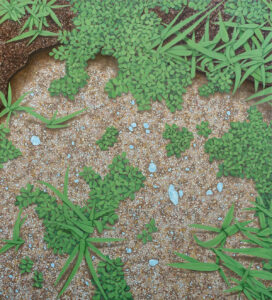 oil painting of small stones and green plants on sand, with a darker soil edge at the top of the canvas