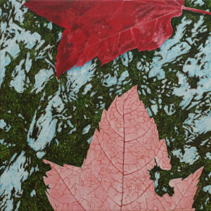 painting of two maple leaves, red and pink, fallen on mossy rocks