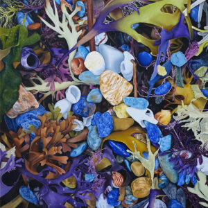 very colorful oil painting of a magnified view of shells, rocks, and seaweed
