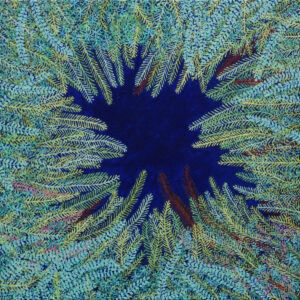painting of a magnified view of moss covering a paving stone; the paving stone is painted deep blue to look like a void or portal