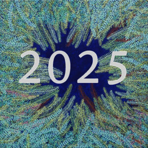 painting of a magnified view of moss covering a paving stone; the paving stone is painted deep blue to look like a void or portal