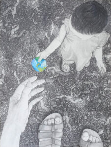 Graphite drawing from the perspective of a woman. Her feet are visible at the bottom of the page, as is her outstretched left hand. A child is facing her and holding a rock-shaped object that has been collaged onto the drawing.