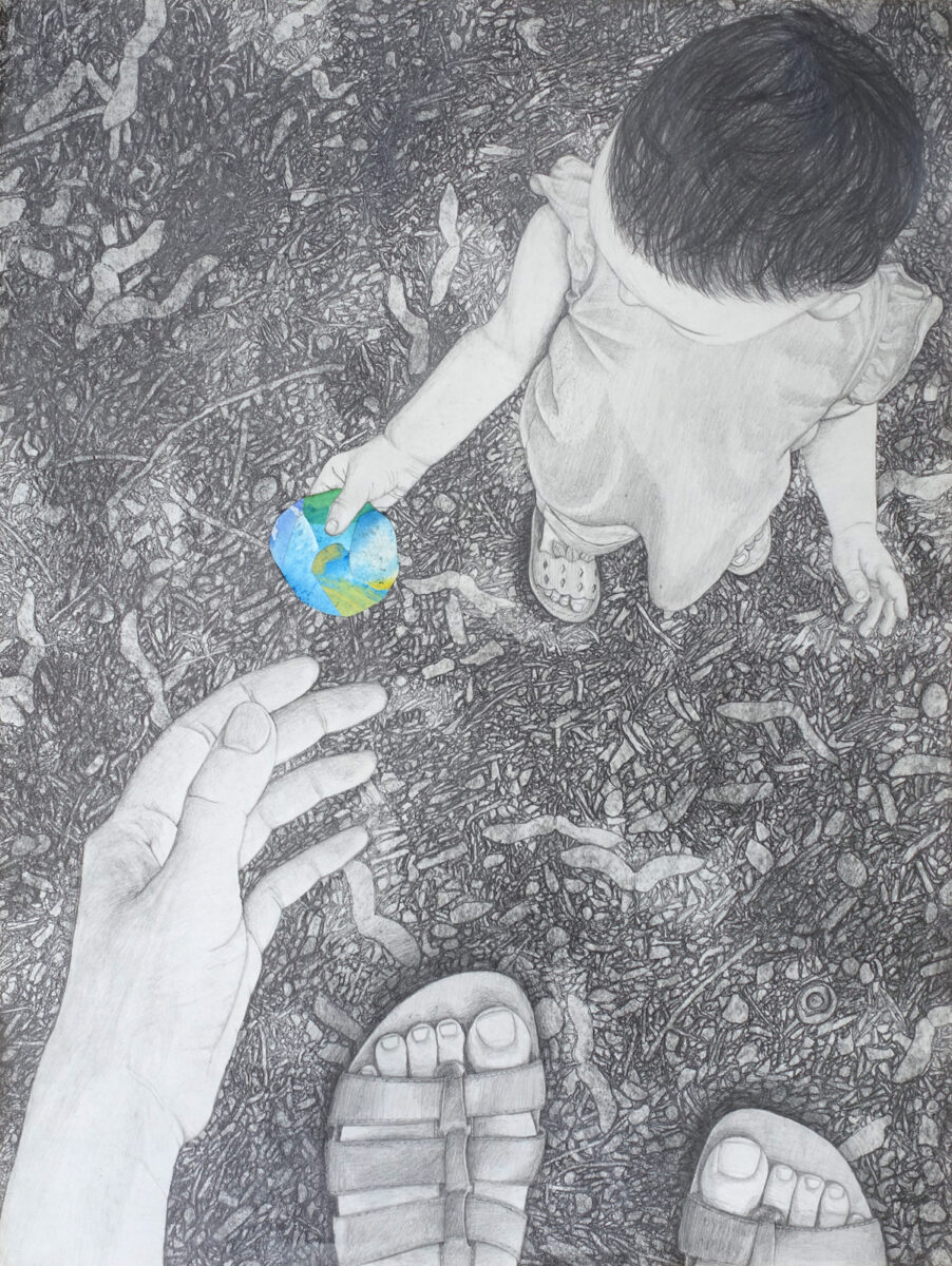 Graphite drawing from the perspective of a woman. Her feet are visible at the bottom of the page, as is her outstretched left hand. A child is facing her and holding a rock-shaped object that has been collaged onto the drawing.