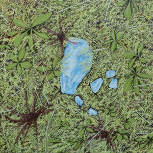 painting of light blue stones surrounded by yellowish green and dark purplish red plants