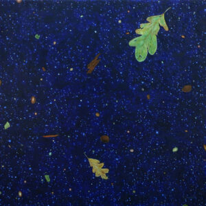 painting with dark blue background, a small orange slug, fallen leaves, pieces of wood, and other debris. The debris is painted to look like galaxies and stars as in a Hubble Deep Field photograph