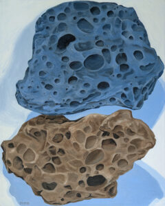 still life painting of two rocks covered in holes, one blue on top of the other which is brown