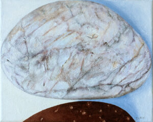 still life painting of two rocks; one whitish with purple, brown, and gray lines running through it, the other red ochre with light-colored spots.
