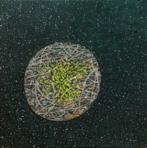 oil painting with moss growing through brown, dry grass and sticks, in a circle, surrounded by white dots on black like stars in the night sky