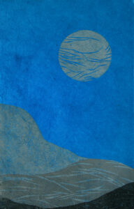 Woodcut print of an abstracted landscape with a moon above. The print is in shades of gray on blue paper.
