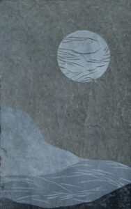 Detail of a woodcut print of an abstracted landscape with a moon above. The print is in shades of silver and black on gray paper.
