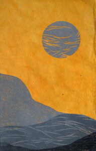 Woodcut print of an abstracted landscape with a moon above. The print is in shades of gray on orange paper.