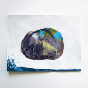 Mixed media painting of a single rock surrounded by white. The bottom edge of the paper is bordered by blue paint, which appears to splash upward on the left side.
