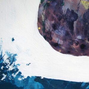 Detail of a mixed media painting of a single rock surrounded by white. The bottom edge of the paper is bordered by blue paint, which appears to splash upward on the left side.