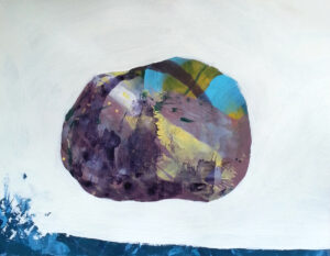 Mixed media painting of a single rock surrounded by white. The bottom edge of the paper is bordered by blue paint, which appears to splash upward on the left side.