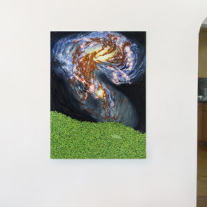 Oil painting of a dead katydid lying on a bed of green plants, under a dark sky showing a colorful collision of two galaxies. The painting is hanging on a wall.
