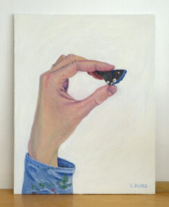 Oil painting showing a realistically-painted hand holding a broken piece of a mussel shell