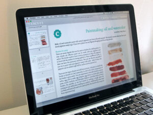 image shows a computer screen with a page of Cathy Durso's natural paintmaking tutorial on the screen