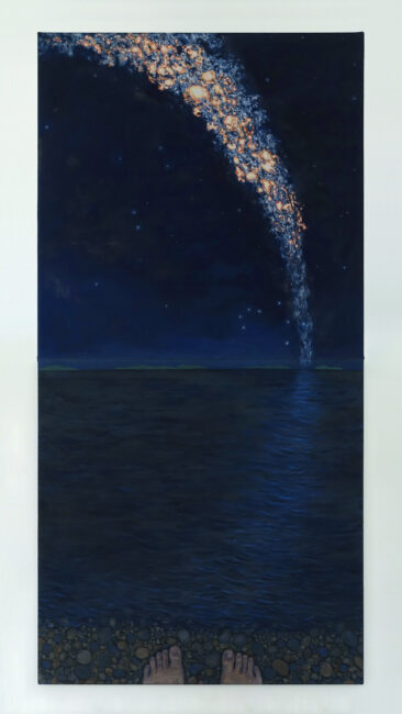 Oil painting of a nocturnal seascape. The painting is primarily dark blue. The artist's feet are painted at the bottom of the canvas, as if we are in her position looking at the scene before her. The dark ocean stretches out in front of us and there is a reflection of an arm of a galaxy. The night sky features the galaxy arching overhead, painted in blue and fiery orange and yellow tones. Distant landmasses can be seen on the horizon.