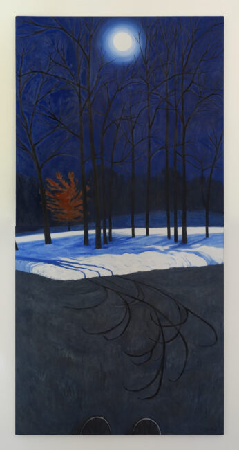 Nocturnal landscape oil painting depicting a winter night. Two snow boots are seen at the bottom of the canvas. black tree branch shadows stretch across the road toward the boots. The full moon shines over silhouetted trees on a snowy ground.