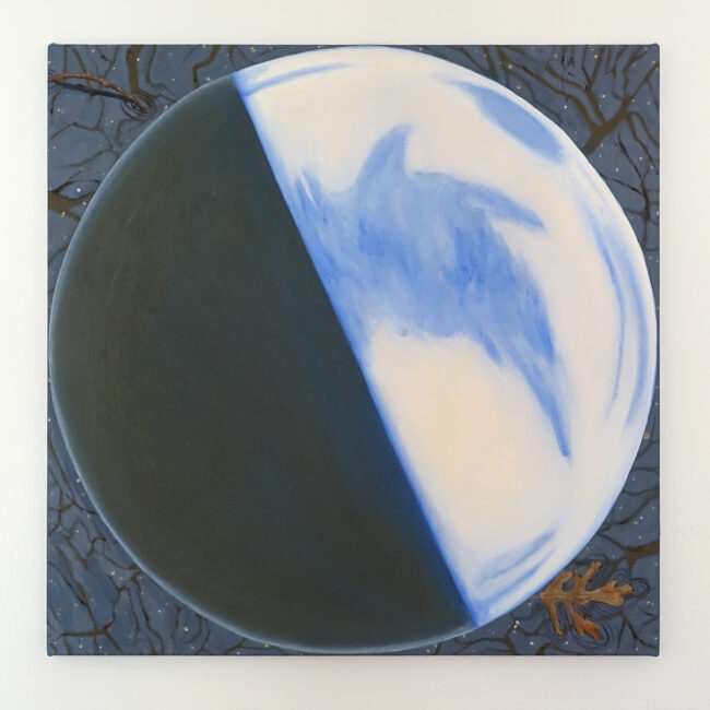 Oil painting of a first quarter moon. The shadows of the moon are sky blue. Behind the moon is a puddle in which tree branches are reflected, and ripples around a dead oak leaf and a stick show that we are looking at water.