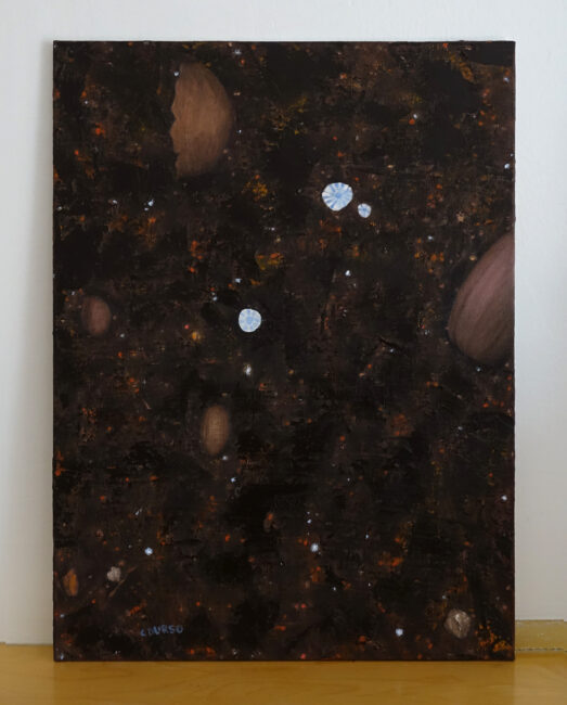 Oil painting depicting a magnified view of the ground with dark brown soil, pebbles and debris, and three tiny white and light blue mushrooms