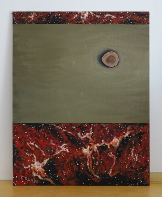 Oil painting depicting a brownish colored rock on a green background. Above and below the green are fragments of a galaxy painted in red and black