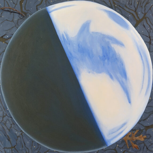 Oil painting of a first quarter moon taking up most of the canvas, with imagery of a puddle around the edges of the moon.