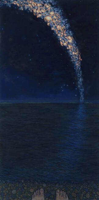 Nocturnal seascape oil painting showing the Milky Way Galaxy rising above the ocean, with the feet of the person witnessing the scene at the bottom of the canvas on a rocky shore.