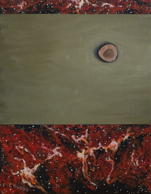 oil painting in shades of red and green of a small rock segment with part of a galaxy on the top and bottom of the canvas